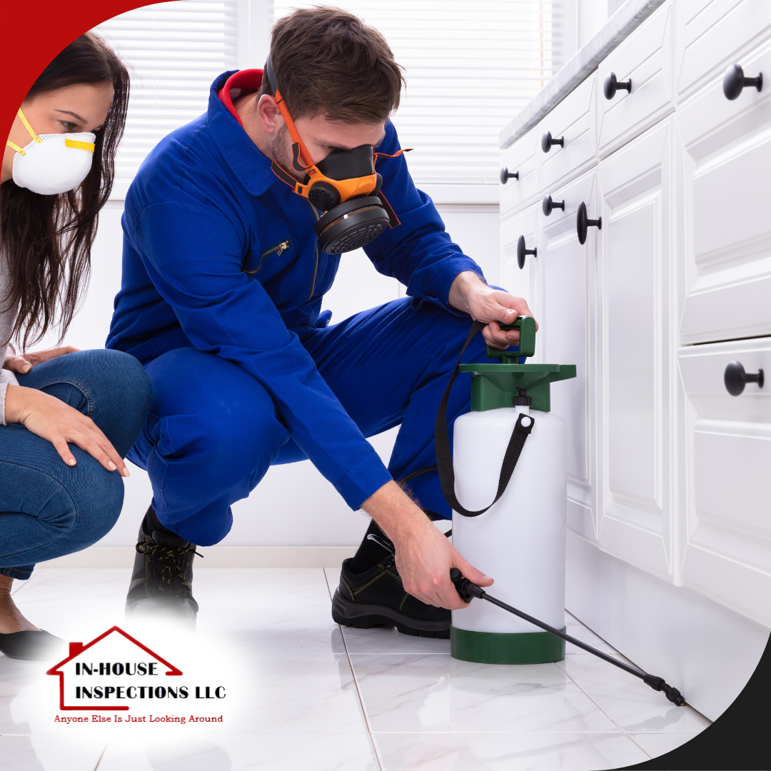 In-House Inspections LLC (16) Pest control technician in protective gear spraying pesticide under kitchen cabinets while consulting with a homeowner.