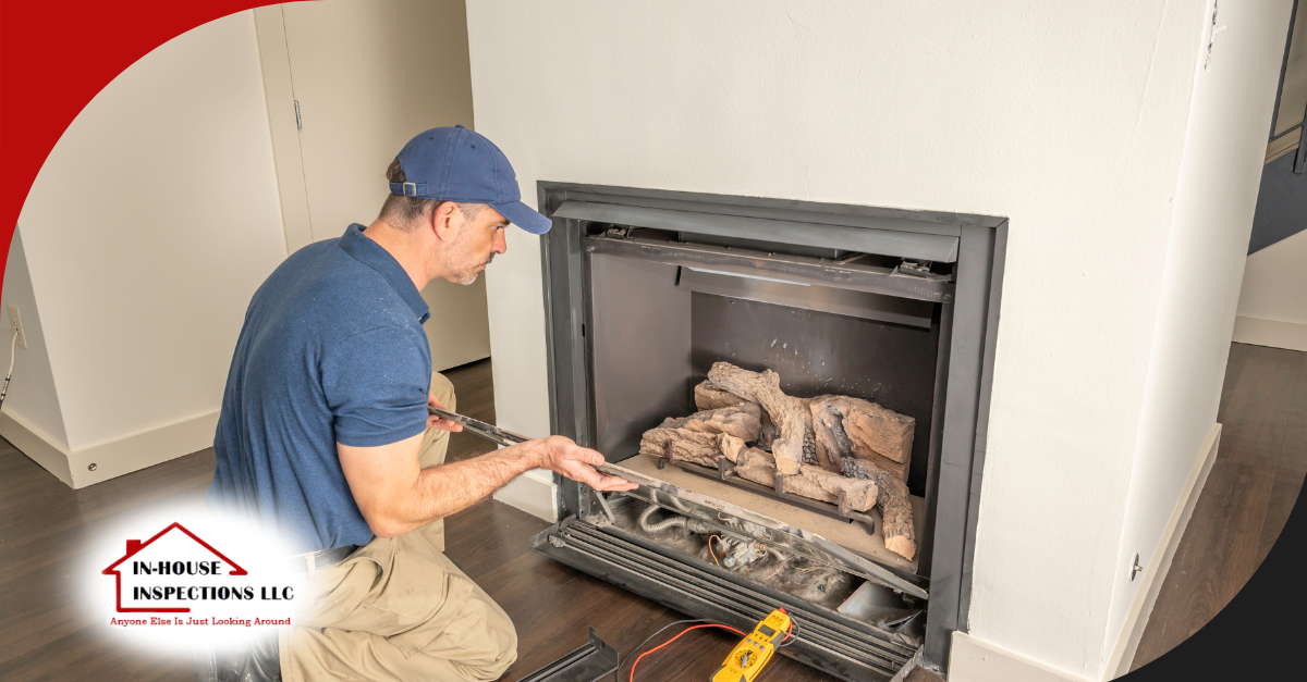 Home inspector examining a gas fireplace with tools and equipment.