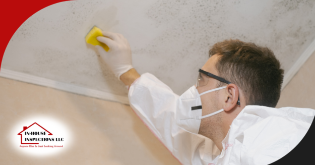 A person cleaning mold from the ceiling using protective gear.