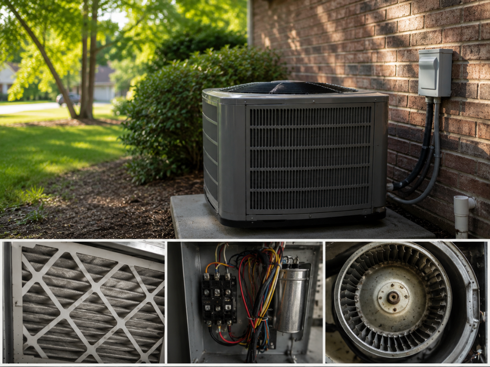 HVAC inspection showing AC unit, filter, wiring, and blower.
