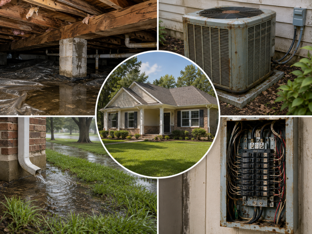Home inspection evaluation of crawl space, HVAC, electrical, and drainage systems