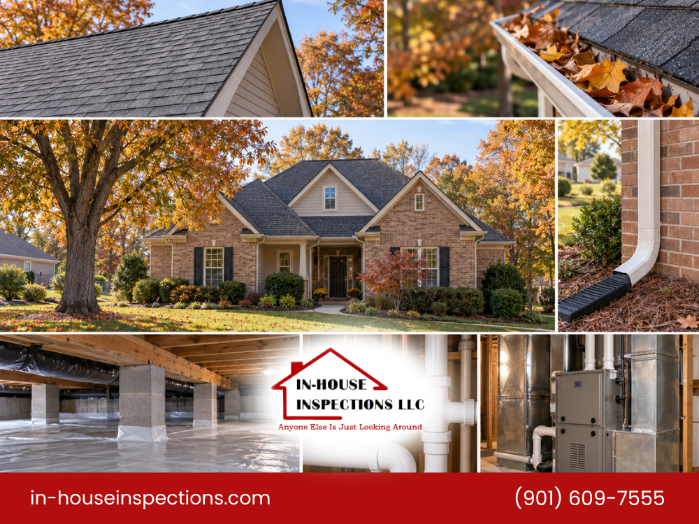 1-hero Fall home inspection in West Tennessee featuring roof shingles, gutters, crawl space, drainage, and HVAC systems.