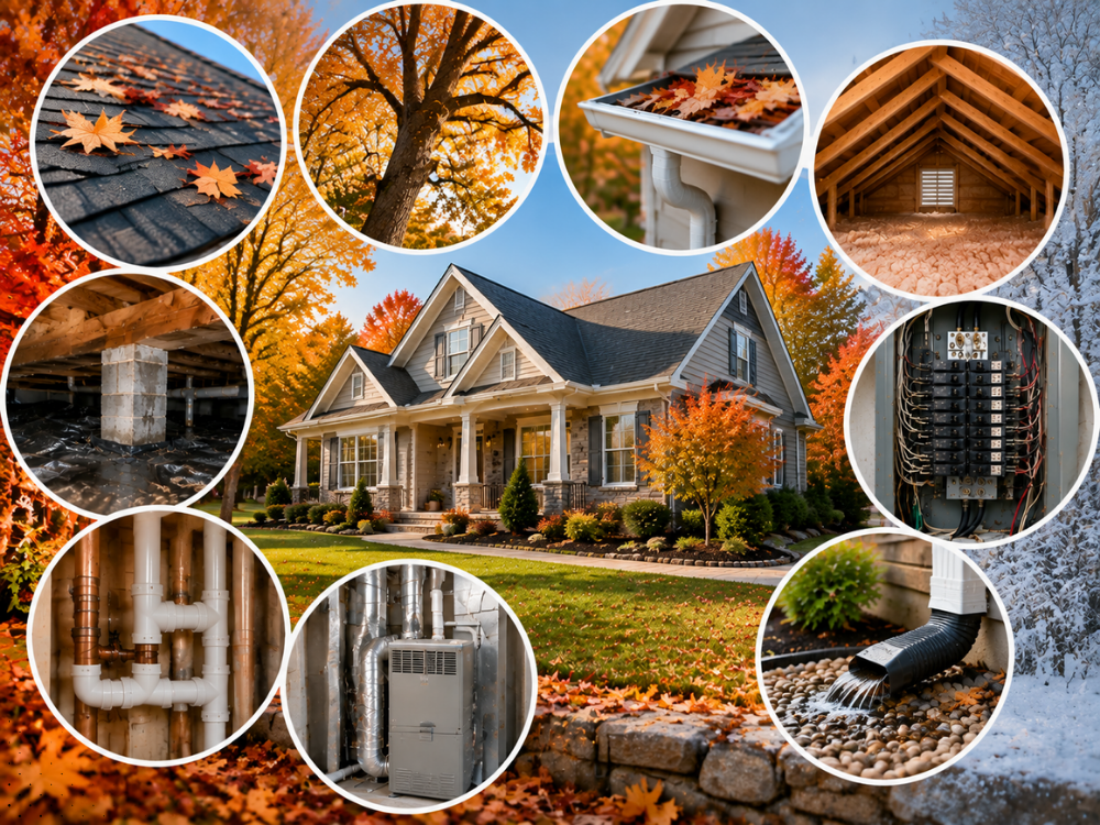 Seasonal home maintenance inspection showing roofing, attic insulation, plumbing, electrical panels, crawl space, and drainage systems.